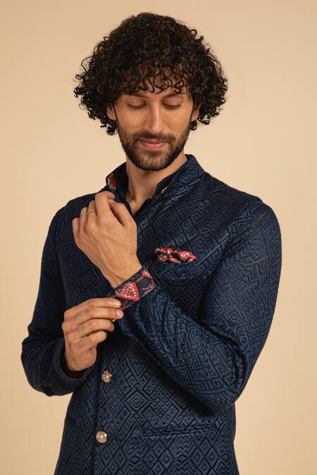 Buy_Arjan Dugal_Blue Silk Georgette Zig Zag Embroidered Nehru Jacket _Online_at_Aza_Fashions