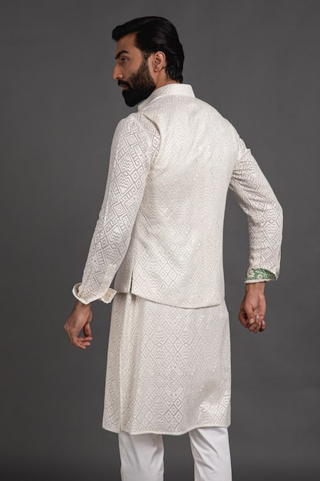 Shop_Arjan Dugal_White Silk Georgette Zig Zag Embroidered Nehru Jacket _at_Aza_Fashions