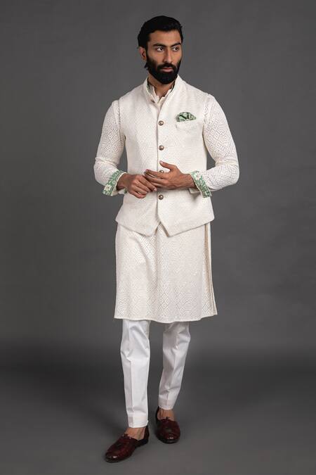 Arjan Dugal_White Silk Georgette Zig Zag Embroidered Nehru Jacket _Online_at_Aza_Fashions