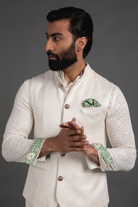 Buy_Arjan Dugal_White Silk Georgette Zig Zag Embroidered Nehru Jacket _Online_at_Aza_Fashions