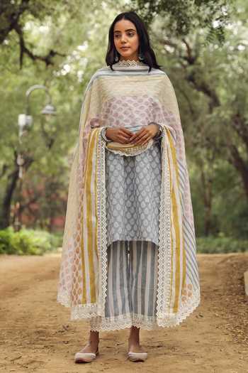 Buy_Gulabo Jaipur_Blue Block Print Cotton Kurta Set_Online_at_Aza_Fashions