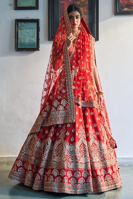 Red Silk Sequins Long Choli Lehenga