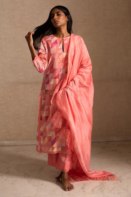 Priyanka Raajiv Pink Dupatta Chanderi Silk Embroidered Afsa Upcycled Patchwork Kurta Set 