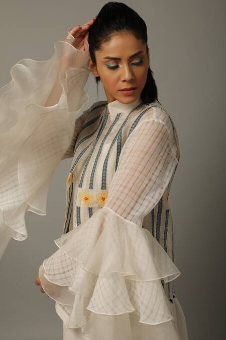 Amita Gupta_White Handwoven Silk Stand Collar Shirt_at_Aza_Fashions
