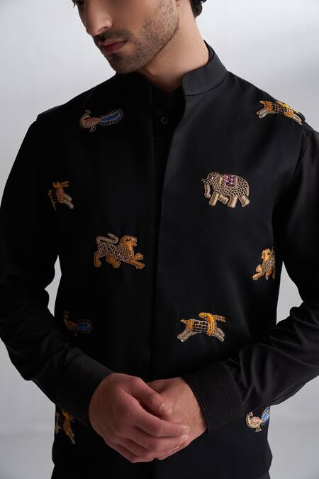 Agraj Jain_Black 100% Cotton Viscose, Mughal Shikhar Embroidered Bundi And Draped Kurta Set _Online_at_Aza_Fashions