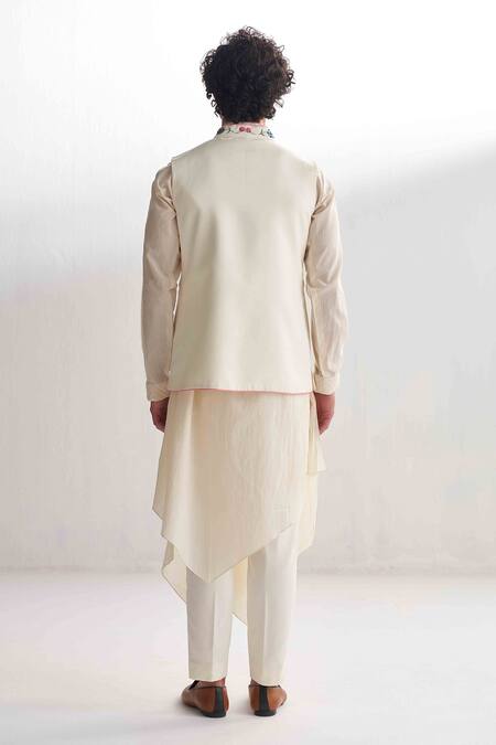 Agraj Jain Exotic Bird Embroidered Bundi & Draped Kurta Set 