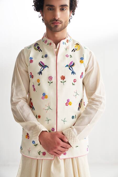 Agraj Jain_Ivory 100% Cotton Viscose, Exotic Bird Embroidered Bundi And Draped Kurta Set _Online_at_Aza_Fashions