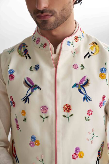 Buy_Agraj Jain_Ivory 100% Cotton Viscose, Exotic Bird Embroidered Bundi And Draped Kurta Set _Online_at_Aza_Fashions