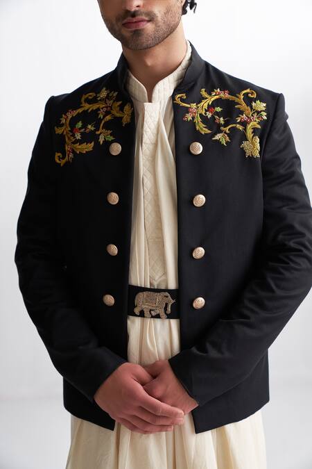 Buy_Agraj Jain_Black Cotton Twill, Lining Polyester Zardozi Baroque Embroidered Open Jacket _Online_at_Aza_Fashions