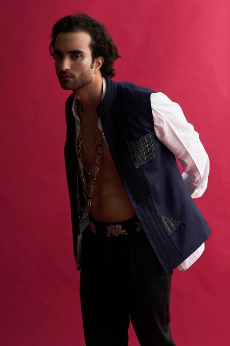 Agraj Jain Blue Twill, Lining Aari Work, Crystal Embroidered Bundi Online at Aza Fashions Agraj Jain_Blue Twill, Lining Aari Work, Crystal Embroidered Bundi _Online_at_Aza_Fashions