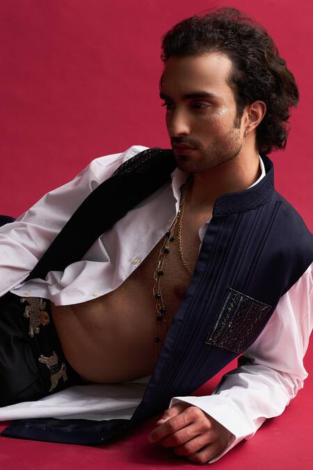 Buy Agraj Jain Blue Twill, Lining Aari Work, Crystal Embroidered Bundi Online at Aza Fashions Buy_Agraj Jain_Blue Twill, Lining Aari Work, Crystal Embroidered Bundi _Online_at_Aza_Fashions