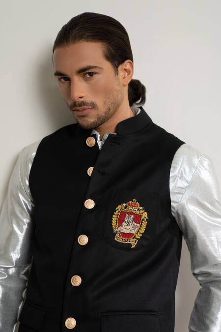 Agraj Jain_Black Twill, Lining Zardozi Tiger Embroidered Bundi _Online_at_Aza_Fashions