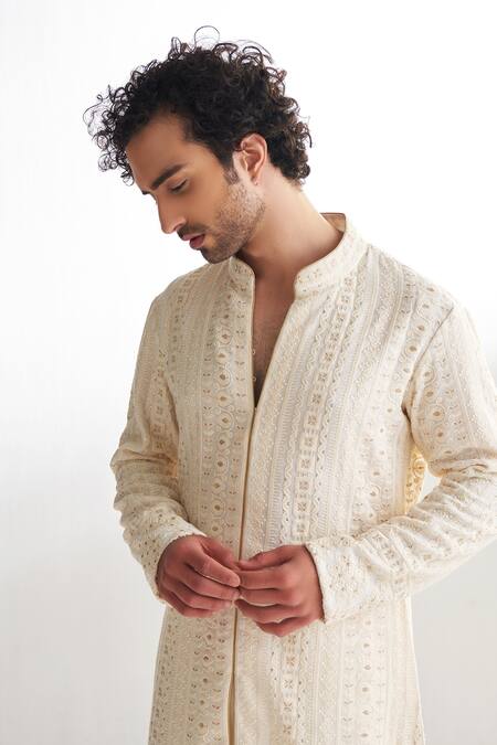 Agraj Jain_Ivory 60% Cotton + 40% Georgette Chikankari, Embroidered Kurta And Pyjama Set _Online_at_Aza_Fashions