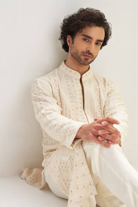 Buy_Agraj Jain_Ivory 60% Cotton + 40% Georgette Chikankari, Embroidered Kurta And Pyjama Set _Online_at_Aza_Fashions