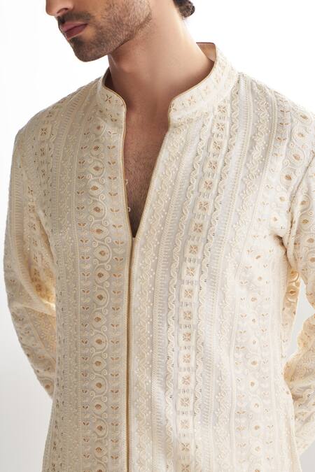 Shop_Agraj Jain_Ivory 60% Cotton + 40% Georgette Chikankari, Embroidered Kurta And Pyjama Set _Online_at_Aza_Fashions