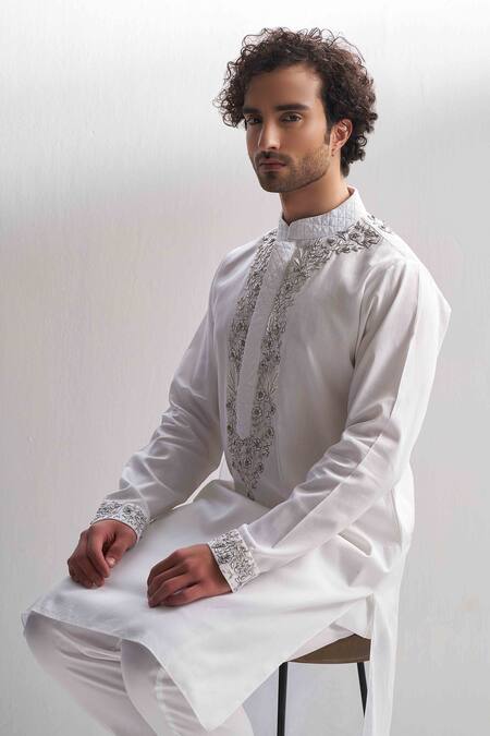 Agraj Jain_White 100% Tencil Satin Zardozi Kashmiri Embroidered Kurta And Pyjama Set _Online_at_Aza_Fashions