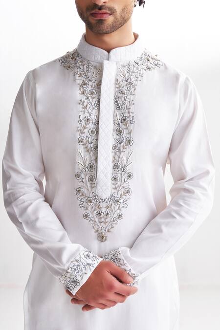 Buy_Agraj Jain_White 100% Tencil Satin Zardozi Kashmiri Embroidered Kurta And Pyjama Set _Online_at_Aza_Fashions