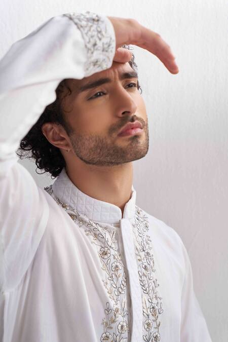 Shop_Agraj Jain_White 100% Tencil Satin Zardozi Kashmiri Embroidered Kurta And Pyjama Set _Online_at_Aza_Fashions