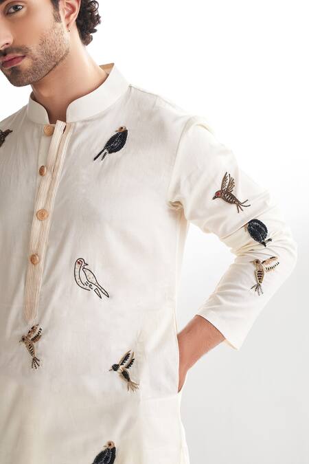 Agraj Jain_Ivory 100% Tencil Satin Zardozi Mughal Bird Embroidered Kurta And Pyjama Set _Online_at_Aza_Fashions
