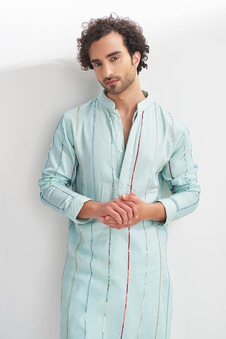 Agraj Jain_Blue 100% Tencil Satin Sequins Linear Embroidered Kurta And Pyjama Set _Online_at_Aza_Fashions