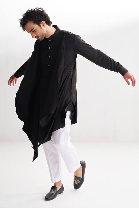 Agraj Jain_Black Cotton Viscose Zardozi Scarf Draped Kurta Set _Online_at_Aza_Fashions
