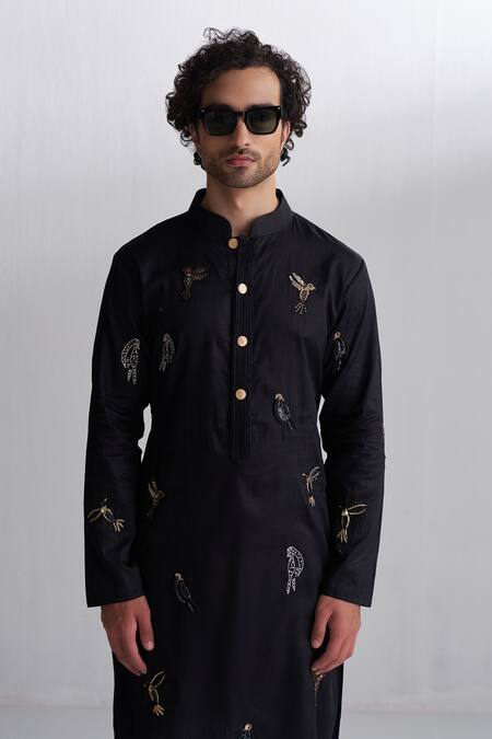 Agraj Jain_Black 100% Tencil Satin Zardozi Mughal Bird Embroidered Kurta And Pyjama Set _Online_at_Aza_Fashions