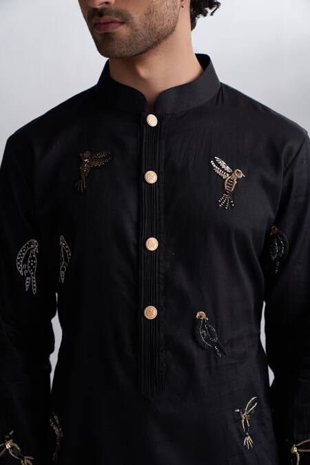 Buy_Agraj Jain_Black 100% Tencil Satin Zardozi Mughal Bird Embroidered Kurta And Pyjama Set _Online_at_Aza_Fashions