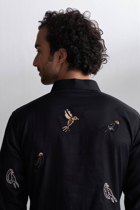 Shop_Agraj Jain_Black 100% Tencil Satin Zardozi Mughal Bird Embroidered Kurta And Pyjama Set _Online_at_Aza_Fashions