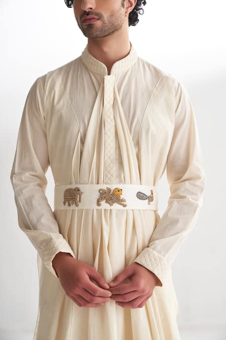 Buy_Agraj Jain_Ivory 100% Cotton Zardozi Draped Kurta Set _Online_at_Aza_Fashions