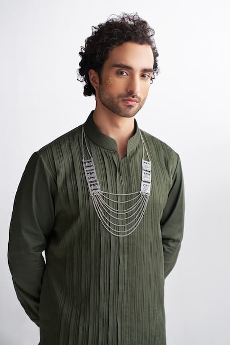 Agraj Jain_Green 100% Tencil Satin Pleated Kurta  _Online_at_Aza_Fashions