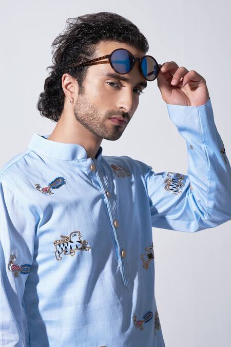 Agraj Jain_Blue 100% Tencil Satin Zardozi Mughal Animal Embroidered Kurta And Pyjama Set _Online_at_Aza_Fashions