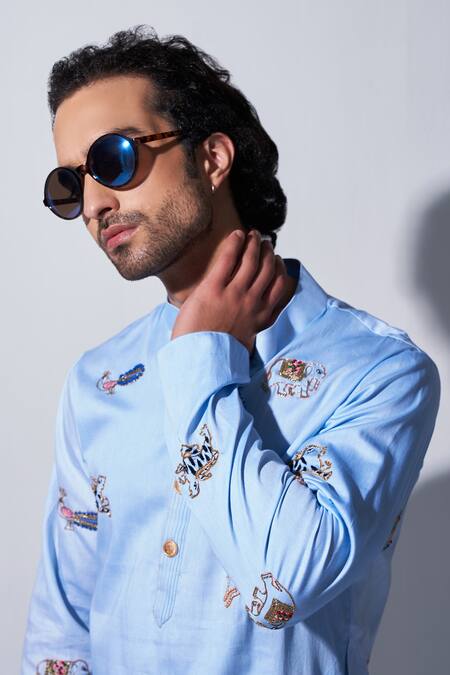 Buy_Agraj Jain_Blue 100% Tencil Satin Zardozi Mughal Animal Embroidered Kurta And Pyjama Set _Online_at_Aza_Fashions
