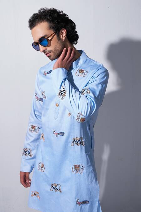 Shop_Agraj Jain_Blue 100% Tencil Satin Zardozi Mughal Animal Embroidered Kurta And Pyjama Set _Online_at_Aza_Fashions