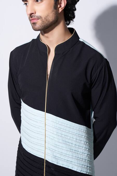 Agraj Jain_Black 100% Viscose, Lining Embroidered Pleated Kurta And Pyjama Set _Online_at_Aza_Fashions