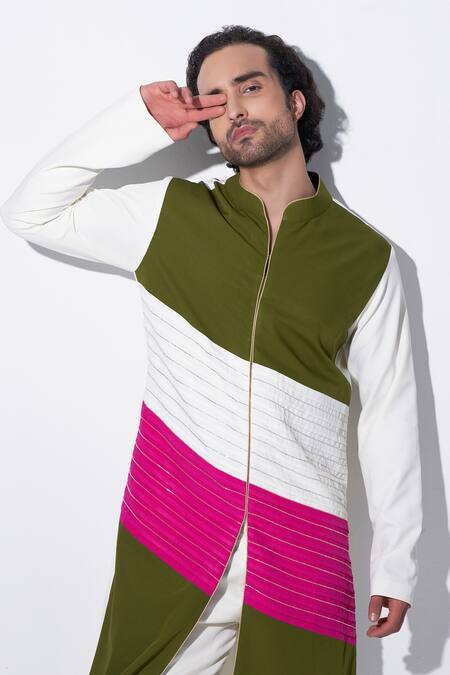 Agraj Jain_Multi Color 100% Cotton Viscose, Lining Embroidered Pleated Kurta And Pyjama Set _Online_at_Aza_Fashions