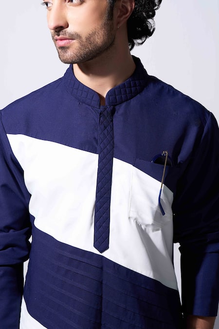 Agraj Jain_Blue 100% Viscose, Lining Pleated Kurta And Pyjama Set _Online_at_Aza_Fashions