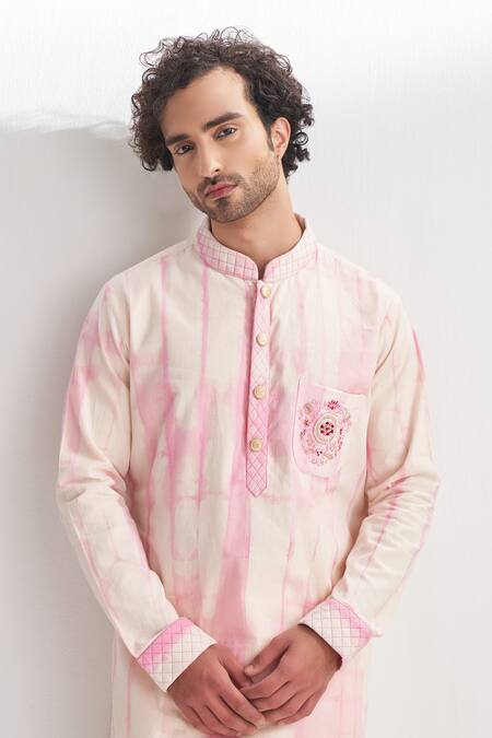 Agraj Jain_Pink 100and Tencil Satin Floral Embroidery Tie Dye Kurta & Pyjama Set _Online_at_Aza_Fashions