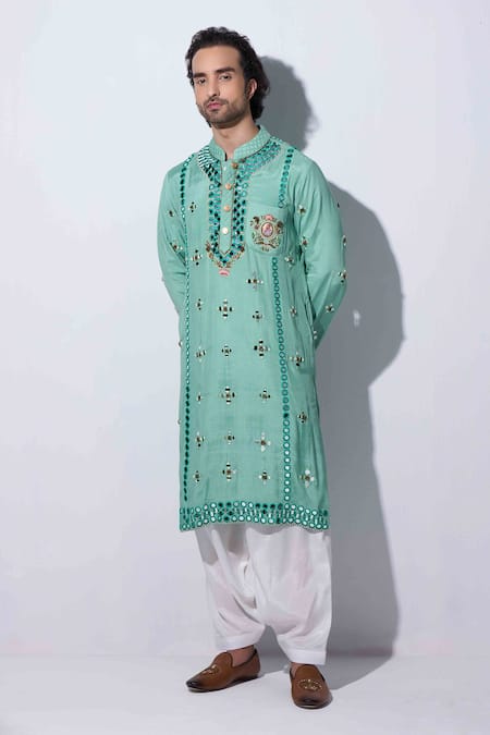 Agraj Jain Green 100% Cotton Viscose Embroidery Maharaja Kurta And Salwar Set 