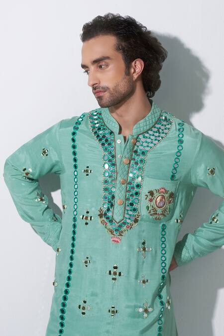 Agraj Jain_Green 100% Cotton Viscose, Lining Maharaja Embroidered Kurta And Salwar Set _Online_at_Aza_Fashions