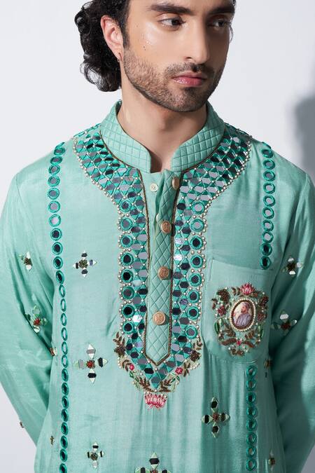 Buy_Agraj Jain_Green 100% Cotton Viscose, Lining Maharaja Embroidered Kurta And Salwar Set _Online_at_Aza_Fashions