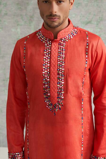 Agraj Jain_Orange 100% Tencil Satin, Lining Cotton Mirror Embroidered Kurta And Pyjama Set _Online_at_Aza_Fashions