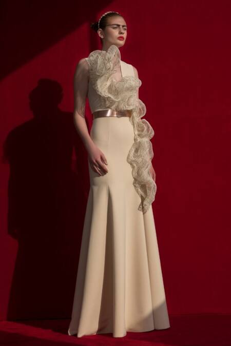 Amit Aggarwal Beige Crepe Structured Gown With Belt