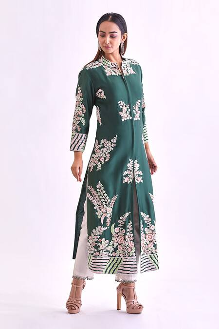 Alok & Harsh Green Pure Chanderi Hand Embroidered Kurta