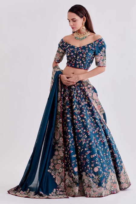 Alok & Harsh Blue Pure Chanderi Off Shoulder Lehenga Set