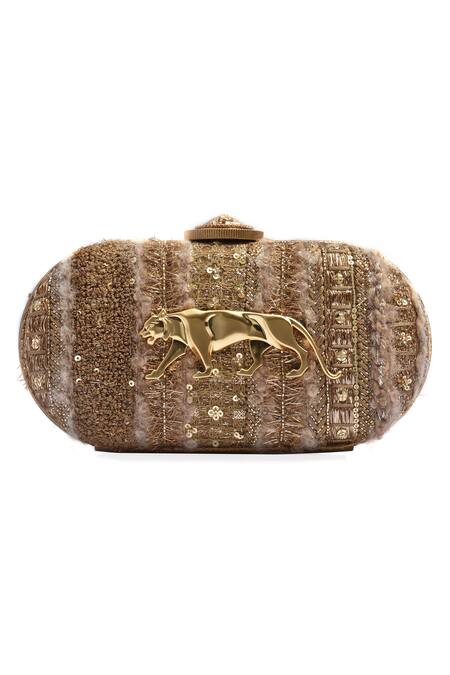 Shop_Sabyasachi_Gold Embellished Royal Bengal Minaudiere Clutch_at_Aza_Fashions