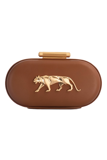 Buy_Sabyasachi_Mustard Tan - Brown Embroidery The Royal Bengal Carved Logo Clutch _at_Aza_Fashions