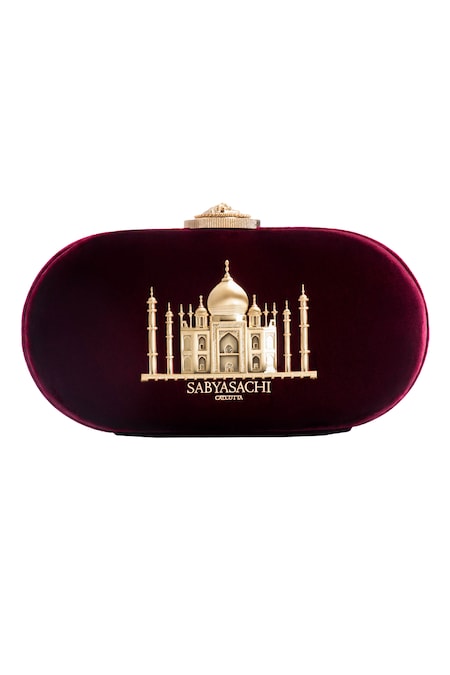 Sabyasachi Maroon Embroidery Embellished Oxblood Oval Clutch 