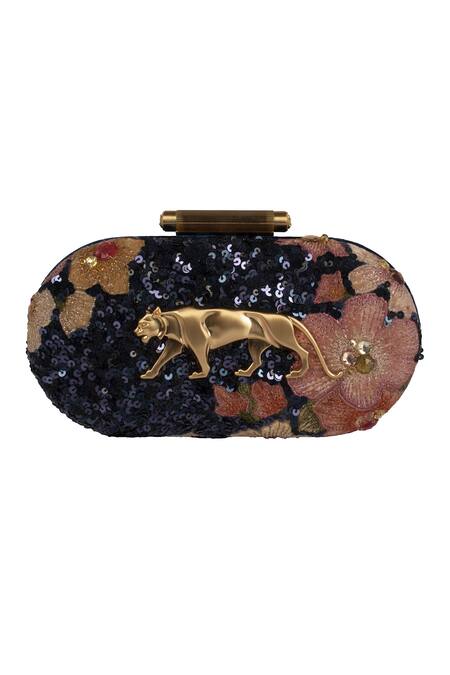 Shop_Sabyasachi_Blue Sequins Royal Bengal Clutch_at_Aza_Fashions