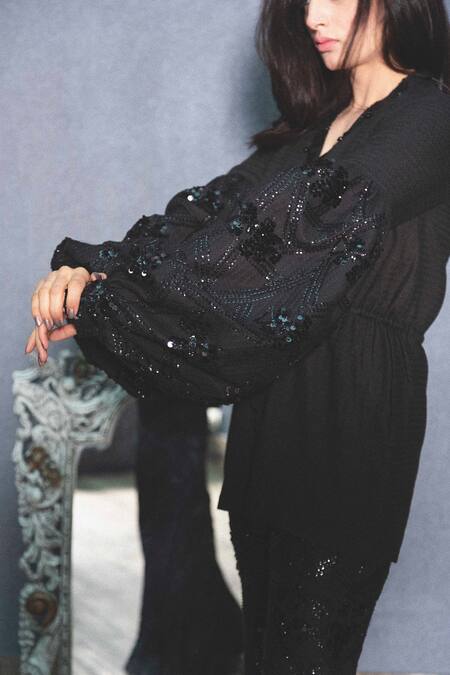 Buy_Inej_Black Rayon Flex V Neck Embroidered Top_Online_at_Aza_Fashions