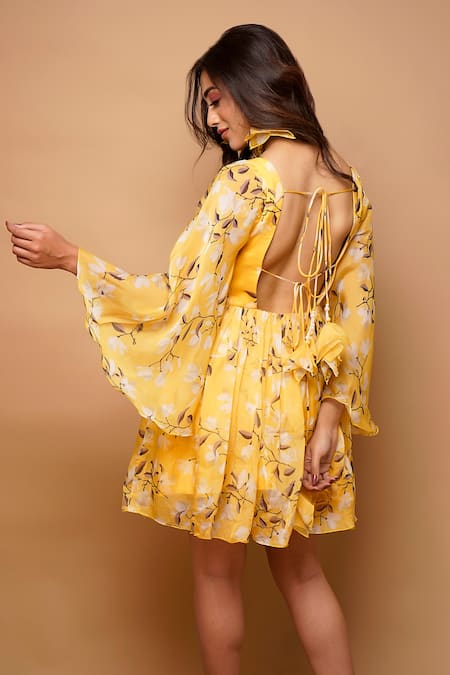 Buy Yellow Organza Printed Floral Sweetheart Neck Short Dress For